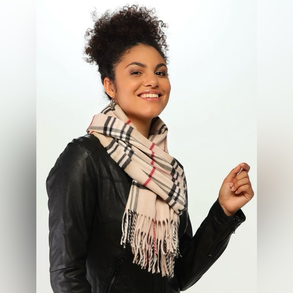 FRAAS CASHMINK Fringe Scarf Unisex Men & Women Plaid Cream Black Red Tan 11x59 - Picture 2 of 9